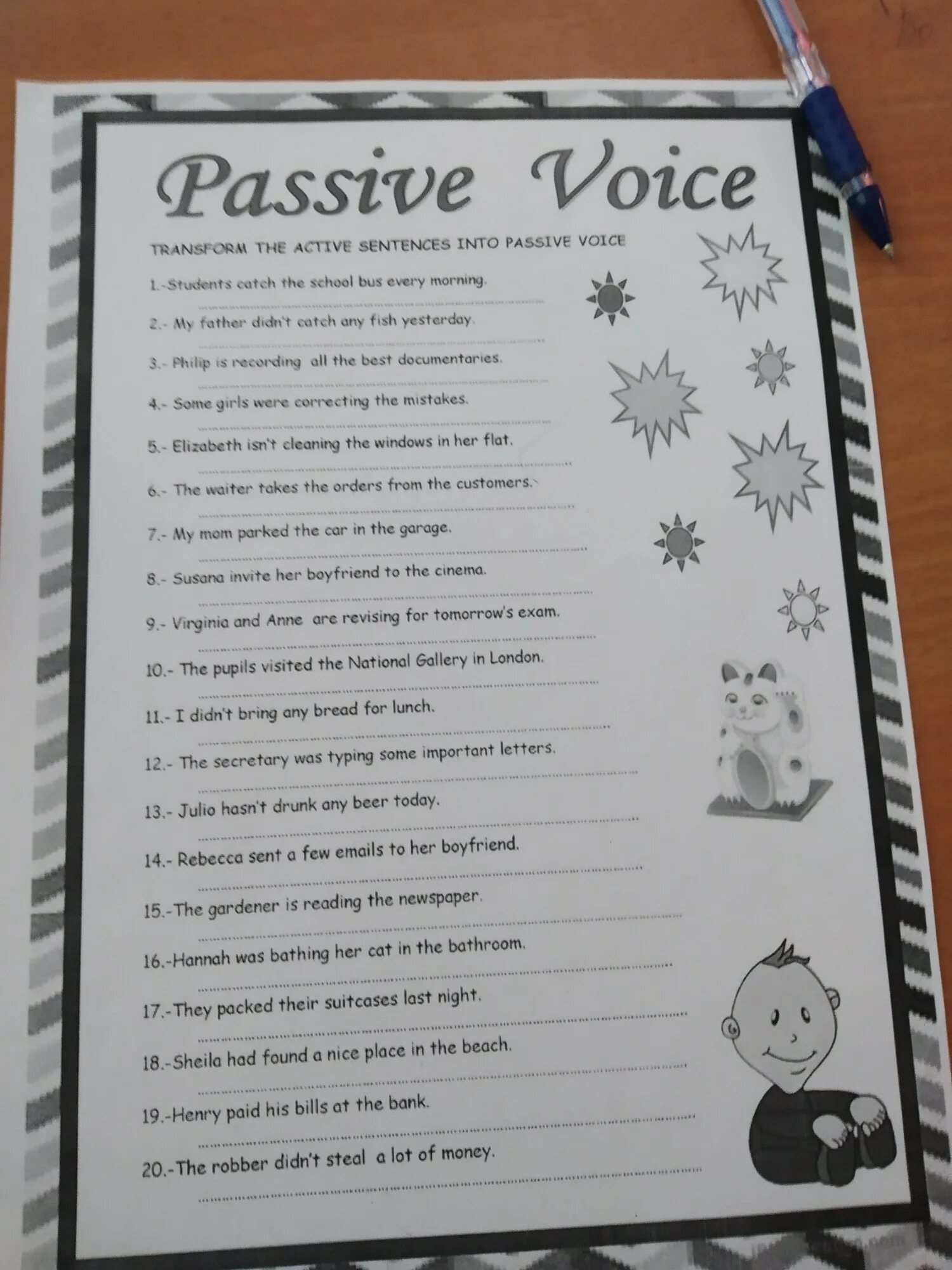 Change active sentences into passive sentences. Students catch the school bus every morning в passive voice. passive voice transform the active sentences into passive voice 1-students catch the school bus every morning. transform the active sentences into passive voice students catch the school bus every morning. transform the sentences into passive.