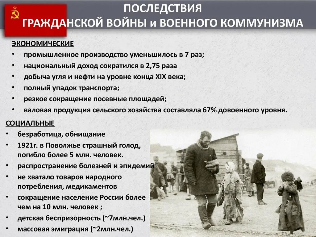 Последствия гражданской войны. Военный коммунизм. Последствия венногокомунизма. Последствия военного коммунизма.