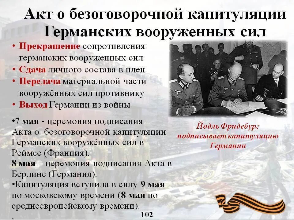 Дата капитуляции Германии в Великой Отечественной войне. 8 Мая 1945 года был подписан акт о безоговорочной капитуляции Германии. Акт о безоговорочной капитуляции Германии 9 мая 1945 г.. Капитуляция Германии во второй мировой войне.