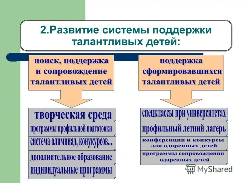 Проект поддержки талантливых детей. Развитие системы поддержки талантливых детей. 2. Развитие системы поддержки талантливых детей. Направления развития системы одаренных детей. Формирование эффективной системы поддержки талантливых детей.