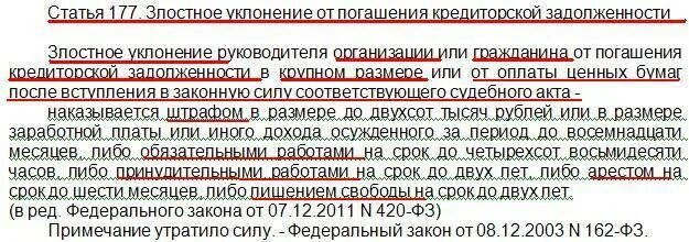 Злостное уклонение от ограничения свободы. Ст 177 УК РФ. Статья 177 уголовного кодекса РФ. Статья за неуплату кредита. Злостное уклонение от погашения кредиторской задолженности.