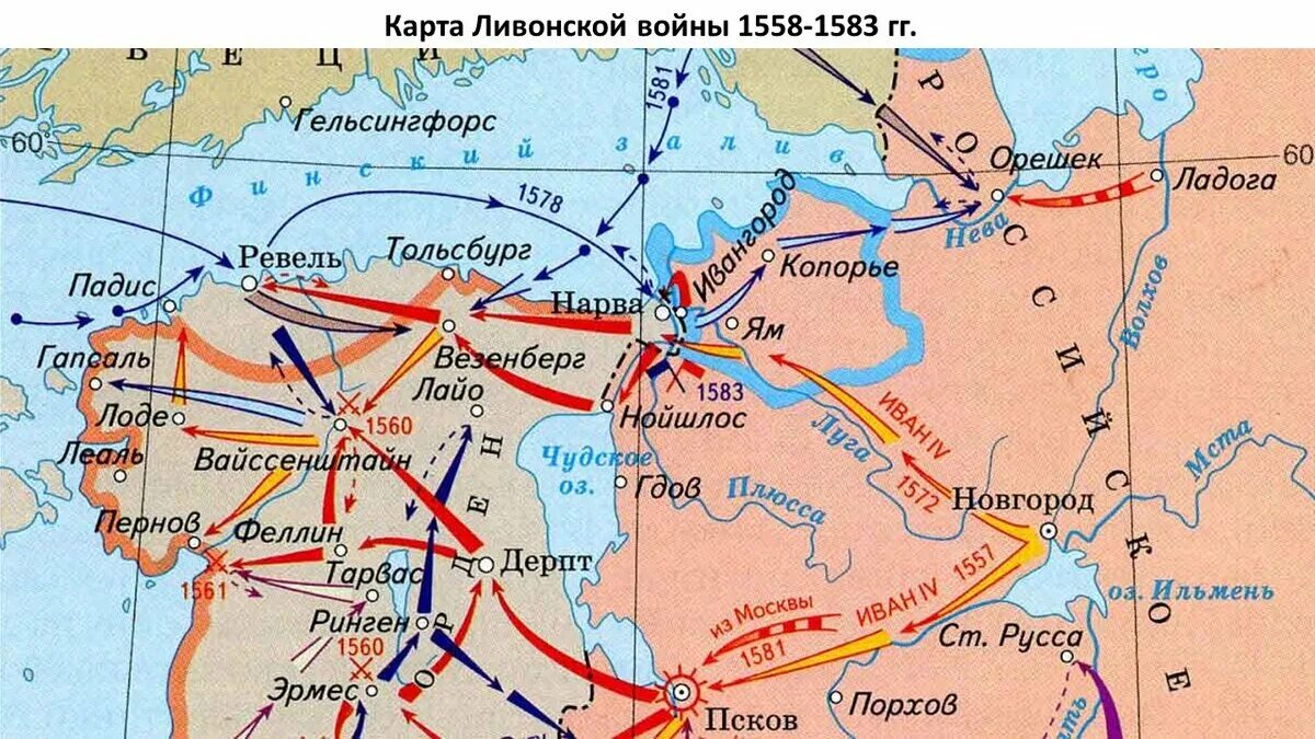 Какой город взяли русские войска. Карта Ливонской войны 1558-1583.