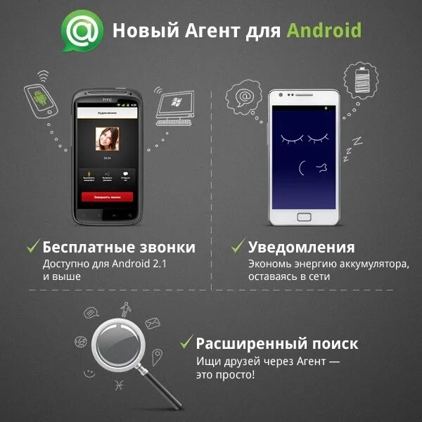 Агент для Android. Доступно для Android. Для телефона недоступны голосовые вызовы. Поддержка приложений андроид.