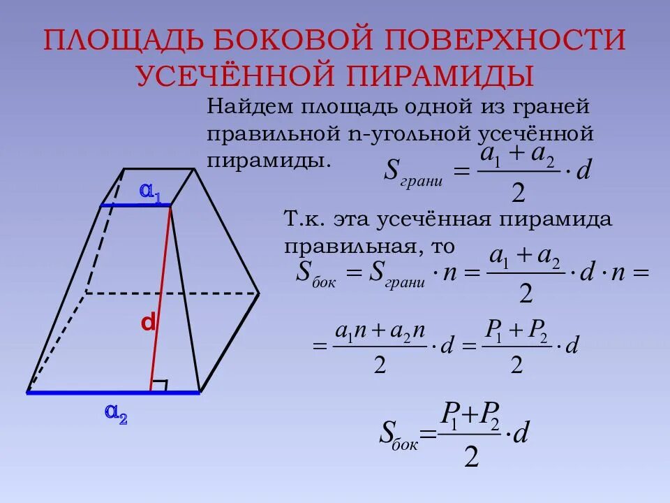 Апофема усеченной пирамиды формула. Правильная усеченная пирамида боковая площадь. Площадь поверхности правильной усеченной пирамиды. Усеченная пирамида площадь поверхности. Площадь правильной усеченной пирамиды формула