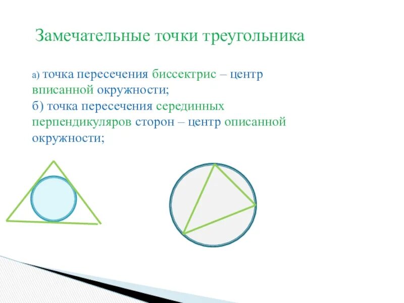 Какая точка является центром описанной окружности. Точка пересечения биссектрис центр вписанной окружности. центр вписанной окружности это точка пересечения. центр описанной окружности это точка пересечения биссектрис. замечательные точки треугольника и окружности.