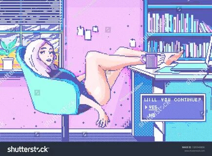 The girl sits at the computer next to the window and a bookcase. 
