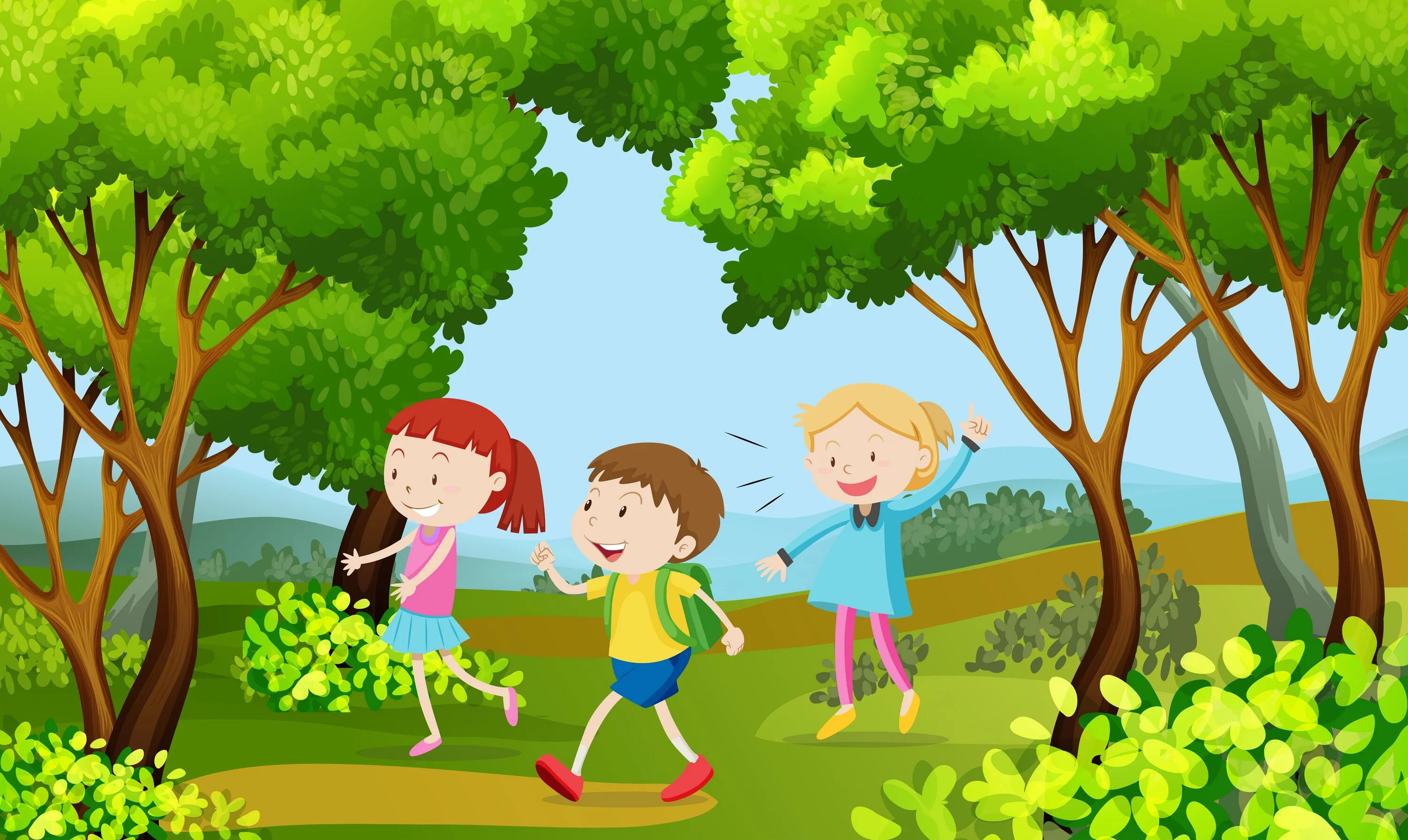 Мультяшные дети на природе. Прогулка на свежем воздухе рисунки. Дети в парке мультяшная. Природа картинки для детей.