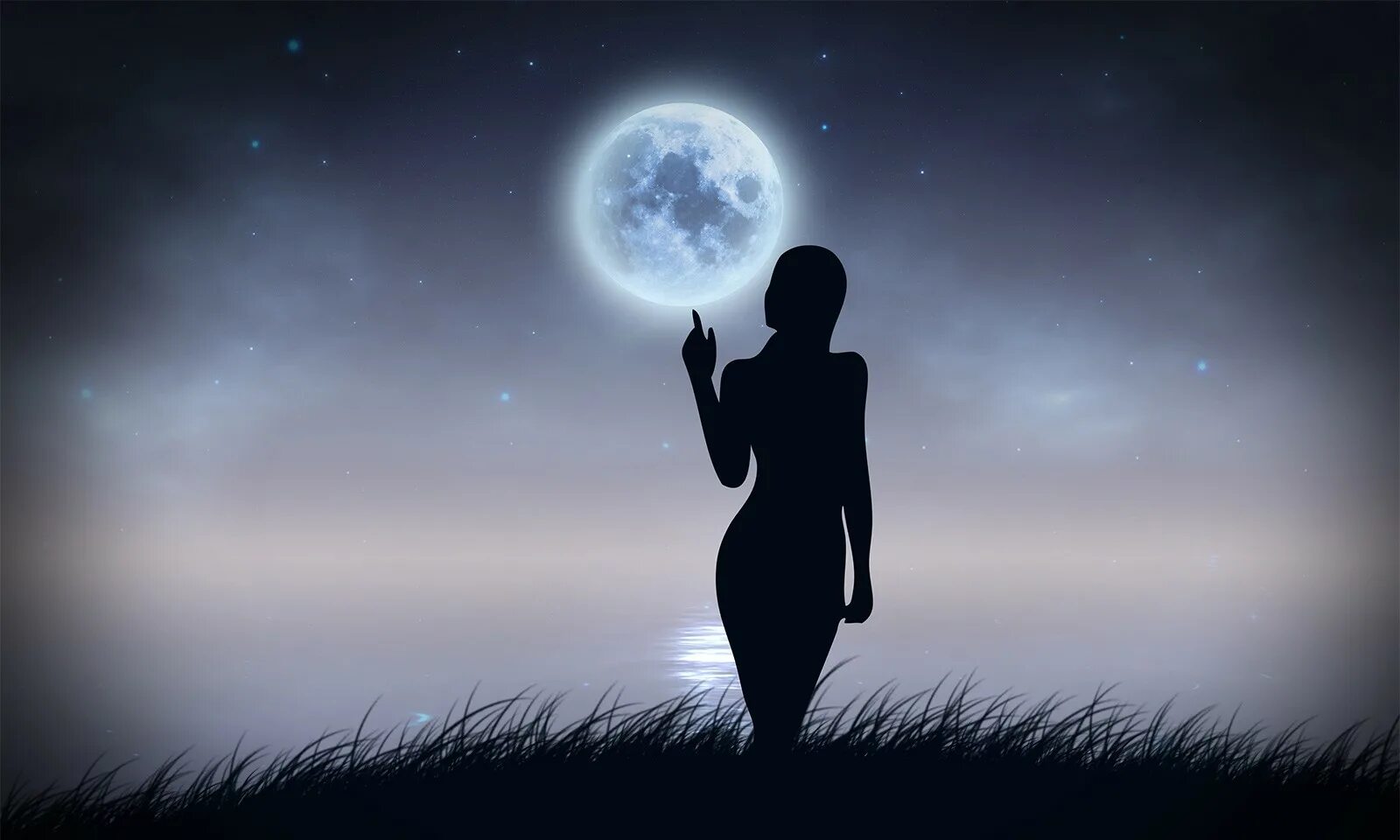 Девушка-Луна. Силуэт на фоне Луны. Женщина в ночи. Девушка на фоне Луны.