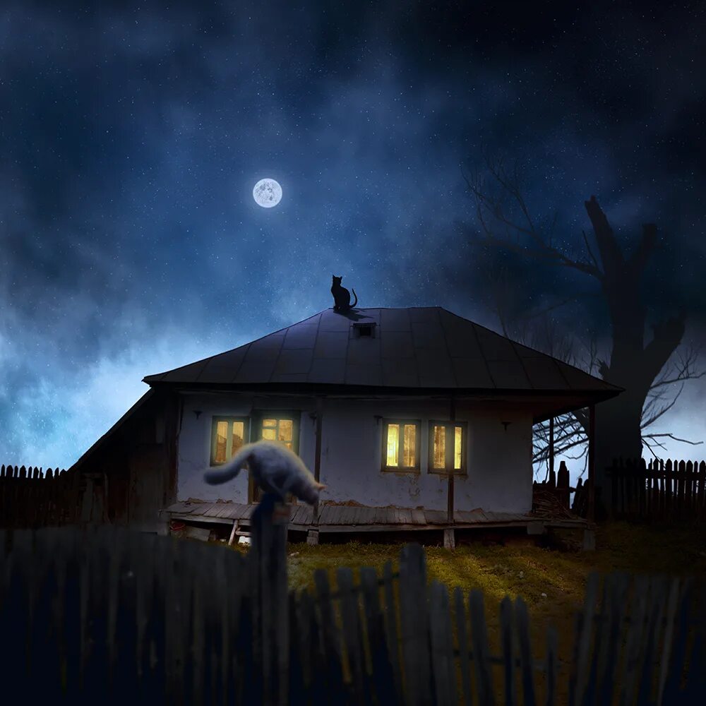 Луна над крышей дома. Ночь в деревне. Деревенский дом ночью. Ночь Луна дом. Домик ночью.