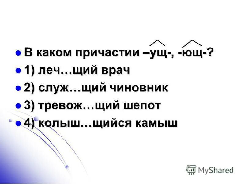 Запа нный чист щий. Леч щий дремл щий. Леч..щий (врач). Служ..щий. Заведу..щий.