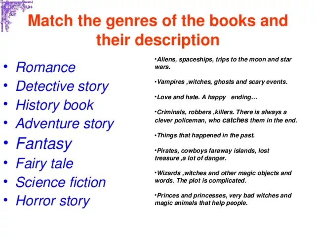 Match the pictures with the text. Жанры книг на английском языке. Literary Genres Worksheets. Types of Fiction books презентация. Types of books задания.