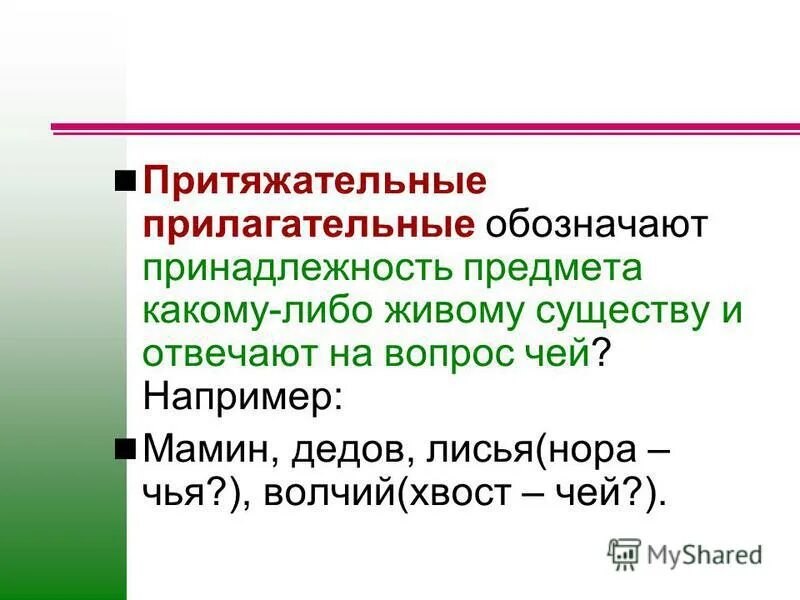 Конспект урока имя прилагательное 5 класс ладыженская. Притяжательные прилагательные. Притягательныеприлагательные. Притяжательные прилагательные примеры. Притяжательные имена прилагательные.