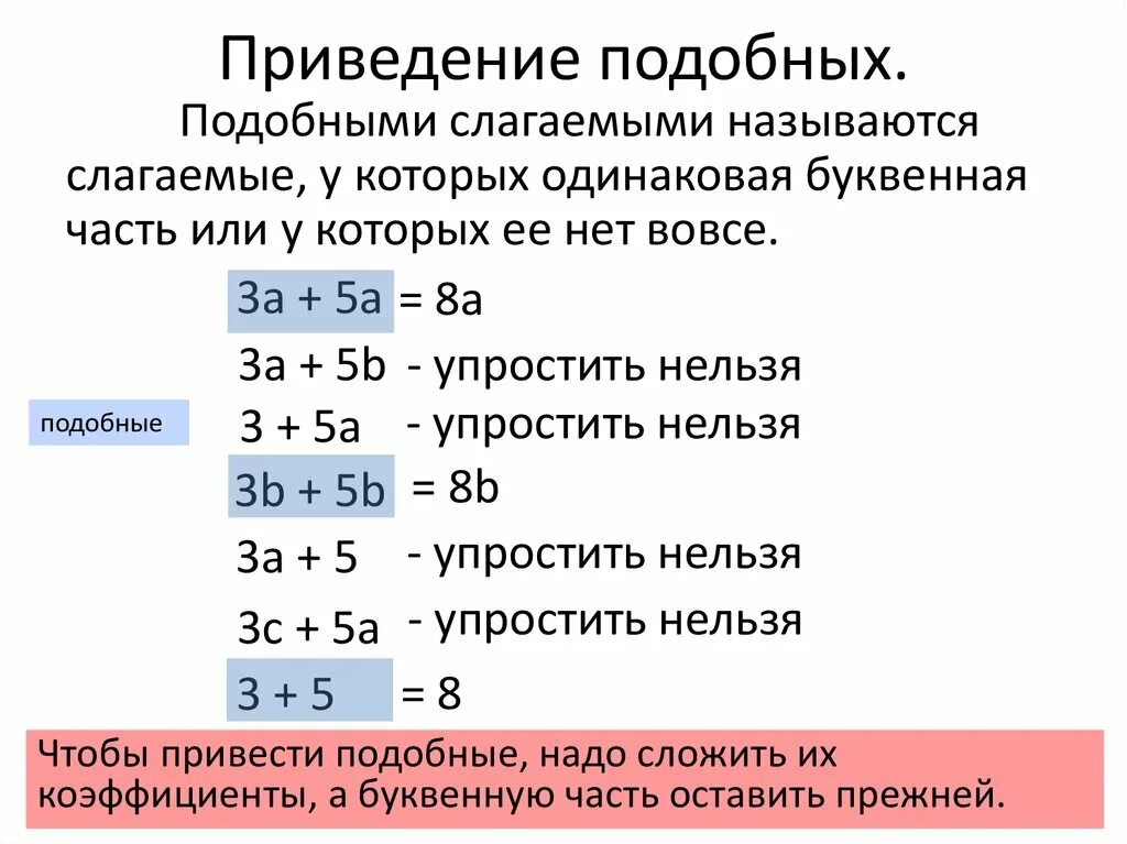 Аналогичный подобный. Подобные слагаемые приведение подобных слагаемых 6 класс. Привидение подобных слогаемых. Привидение подобных слагаемых. Приведение подобных слагаемых 6 класс.