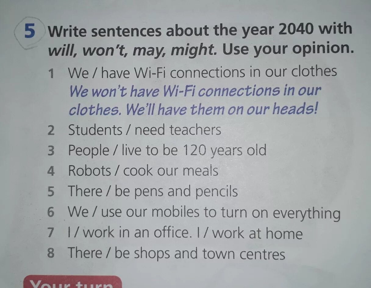 Complete the sentences with May or May not. Write sentences with will or wont. Write the sentences using will won't might and might not. Rewrite the sentences with might or might not perhaps it will Snow tomorrow. Write the sentences about people