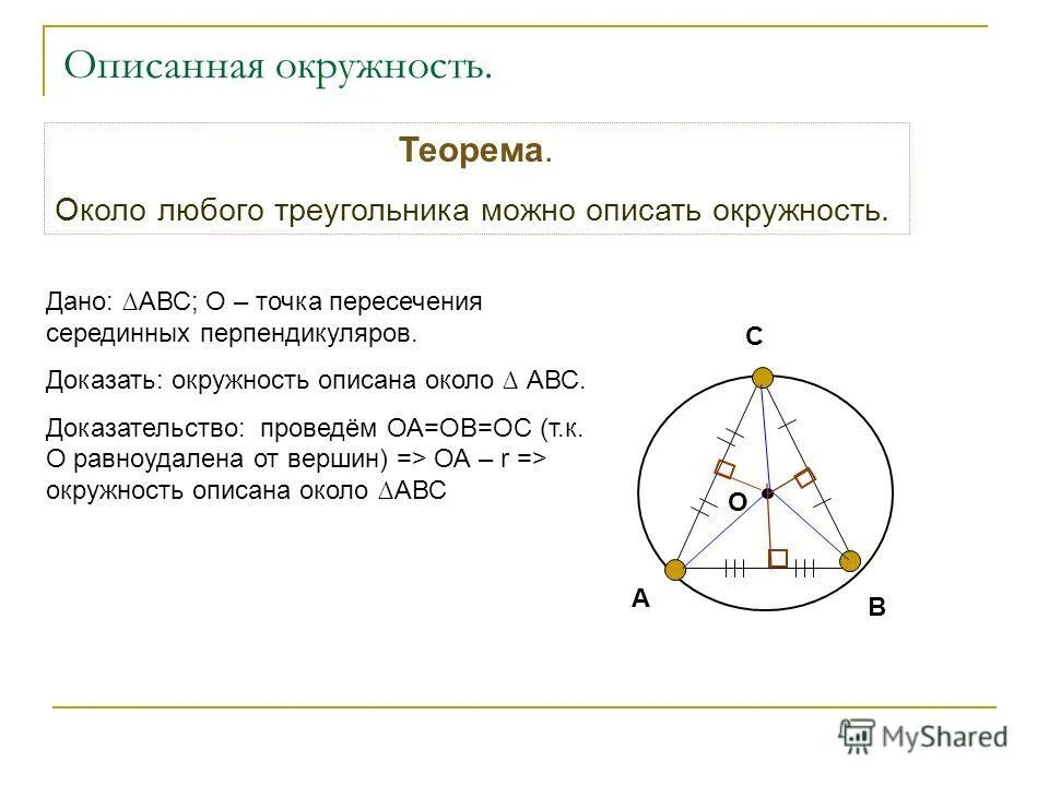 Как построить описанную окружность около треугольника. Доказательство теоремы описанной окружности. Теорема о центре окружности описанной около треугольника. Около любого можно описать окружность. Терема РБ окружности описанной около треугольника.