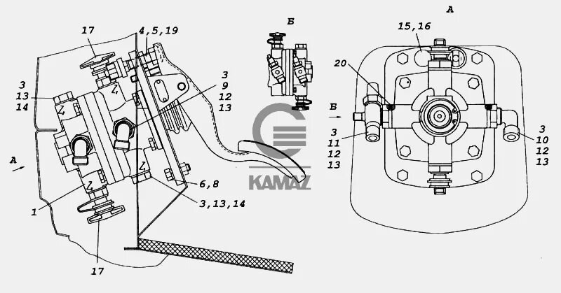 УСТАНОВКА ДВУХСЕКЦИОННОГО ТОРМОЗНОГО КРАНА 4308-3500014 КАМАЗ 4308 артикул на сх