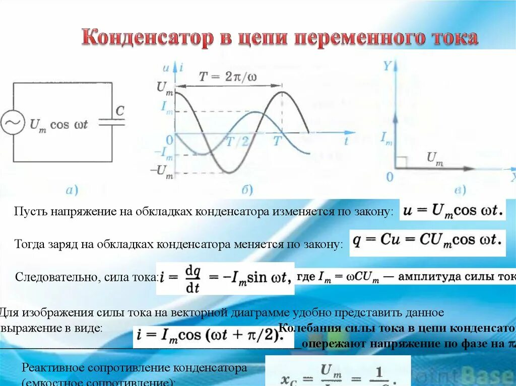 Емкость конденсатора через силу тока. Формула емкости конденсатора в цепи переменного тока. График тока и напряжения на конденсаторе. Конденсатор в цепи переменного тока. График изменения силы тока и напряжения в цепи переменного тока.