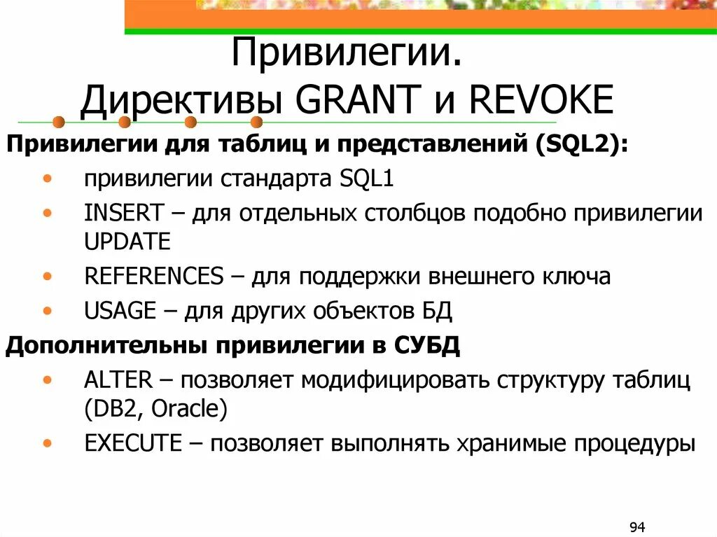 Привилегия перевод. Grant привилегии. SQL презентация. Директивы для товара. Представления SQL.