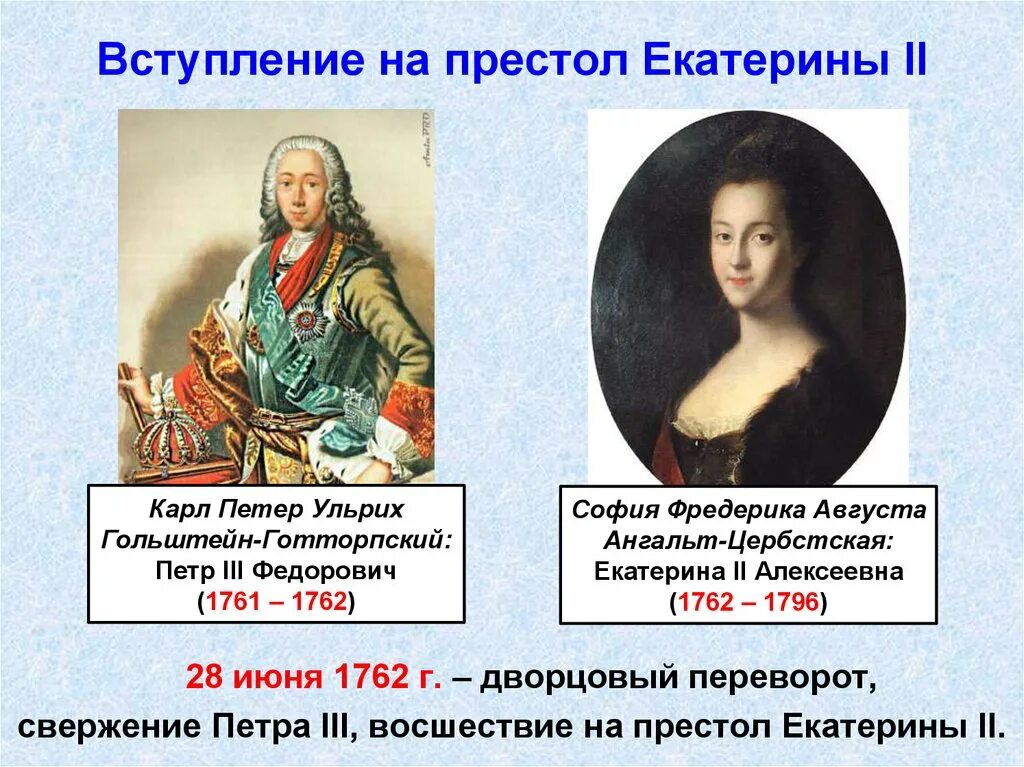 1761-1762 – Правление Петра III. Царствование Петра III переворот 28 июня 1762. Годы правления Петра 3 и Екатерины 2. Восшествие на престол екатерины 2 кратко