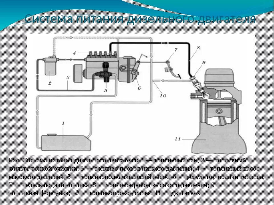 Схема устройства системы питания дизельного ДВС. Принцип работы системы питания дизельного двигателя схема. Схема системы питания дизеля топливом. Схема питания дизеля ДВС. Устройство системы питания дизельного