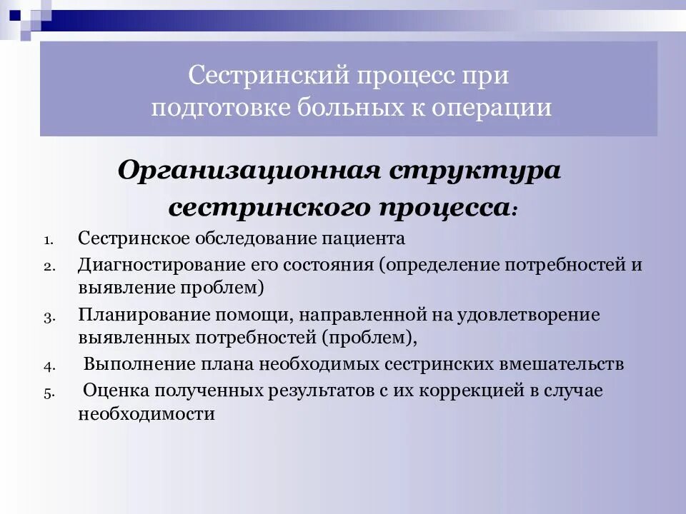 Сестринский процесс. Сестрестринский процесс. Осуществление сестринского ухода. Планирование и реализация сестринского ухода. Тест подготовка к операции