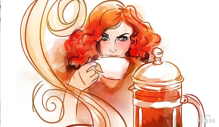 Рисунок пьем чай. Нарисованная девушка пьет кофе. Рыжая девушка с чашкой кофе. Рыжая девушка с чашечкой. Девушка с чашкой рисунок.