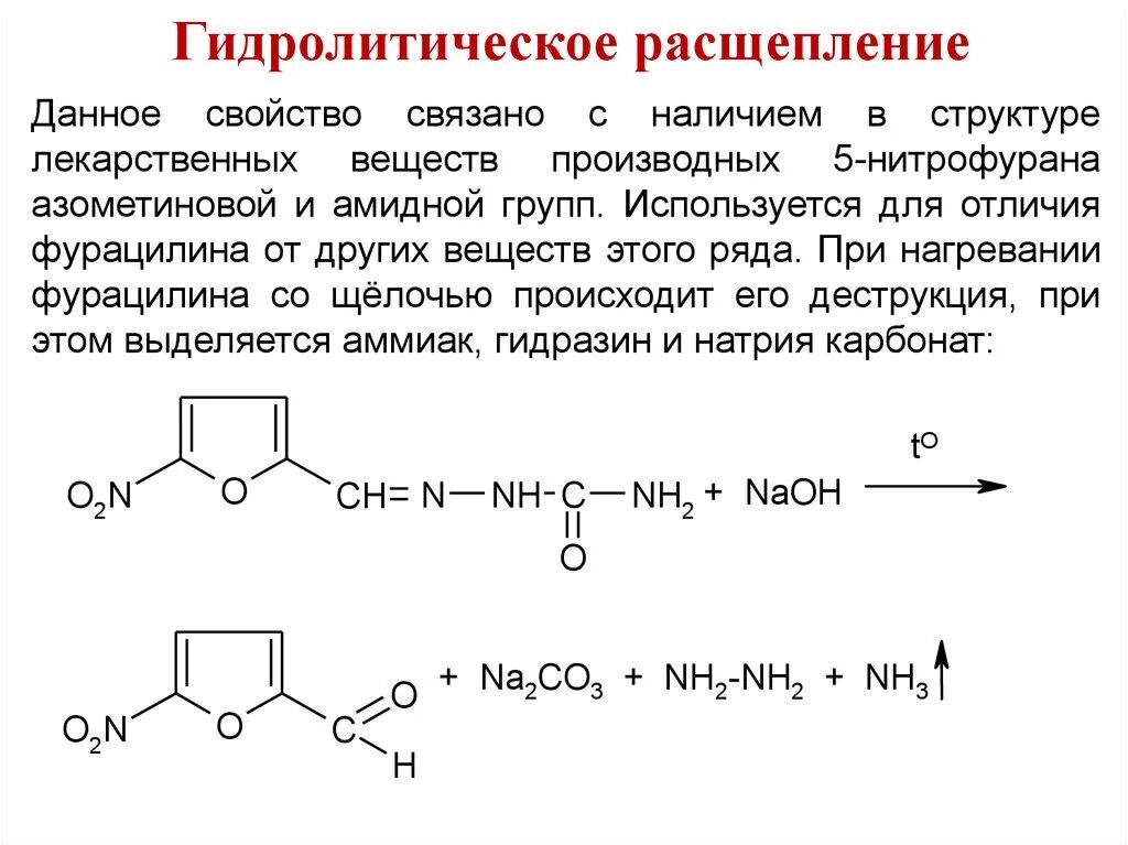 Реакция расщепления происходит в. Гидролитическое расщепление атропина. Гидролитическое расщепление фурацилина. Нитрофурал щелочной гидролиз. Фурацилин щелочной гидролиз.