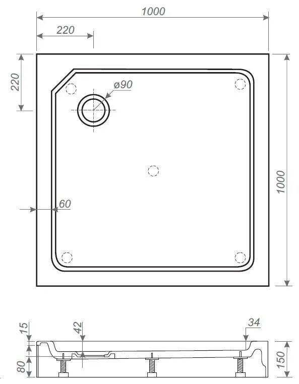 Чертеж поддона 1000х1000. Душевой поддон 1000х1000 схема. Душевой поддон 15 см схема подключения. Душевой поддон чертеж.