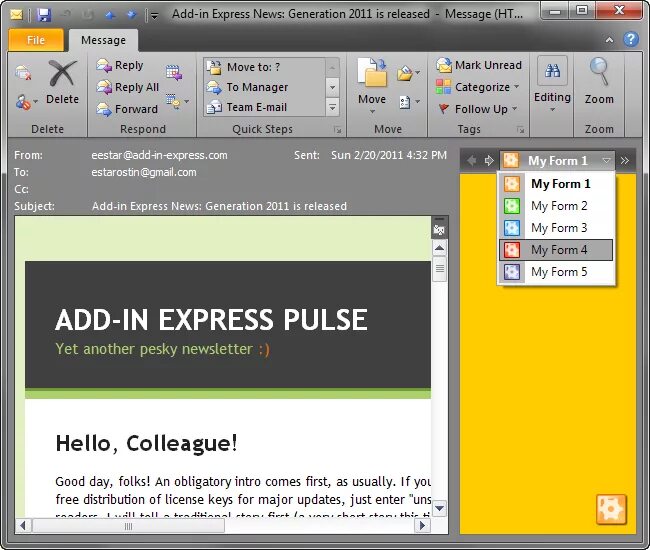 Outlook form Region. Ifcplugin. Pulse Express. Expression Pulse.