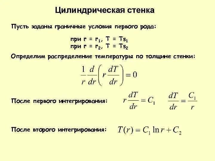 Условие первого рода. Теплопроводность плоской стенки при граничных условиях первого рода. Теплопроводность через однослойную цилиндрическую стенку. Теплопроводность цилиндрической стенки при граничных условиях 1 рода. Граничные условия первого рода.