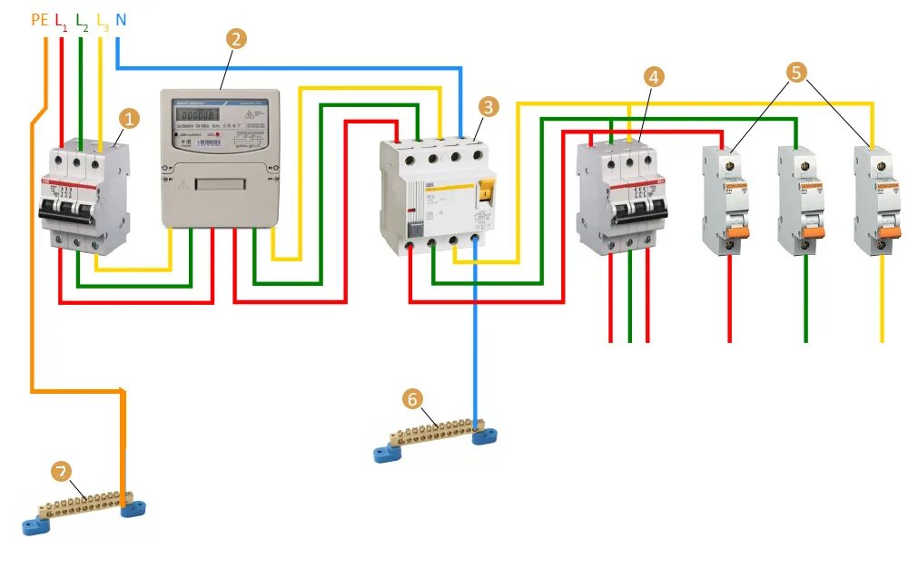 Можно ли использовать землю в качестве фазного. Схема подключения четырехполюсного УЗО В трехфазной сети. Вводной УЗО трёхфазный схема подключения. Схема подключения вводного автомата и УЗО 3 фазы. Схема подключения трехфазного автоматического выключателя.