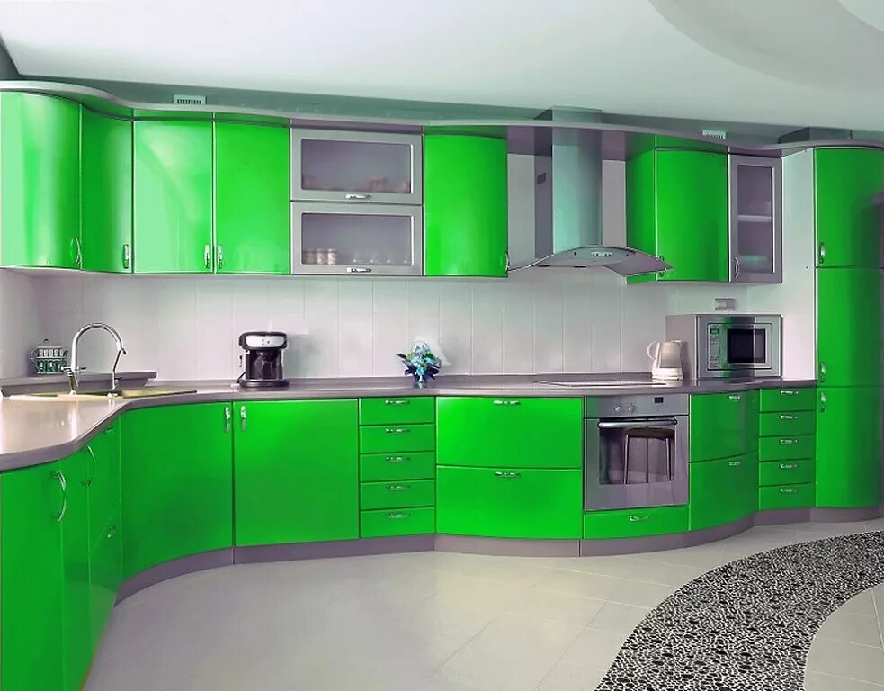 Кухонный гарнитур с радиусными фасадами. Зеленая угловая кухня. Салатовый кухонный гарнитур. Кухонный гарнитур зеленого цвета.