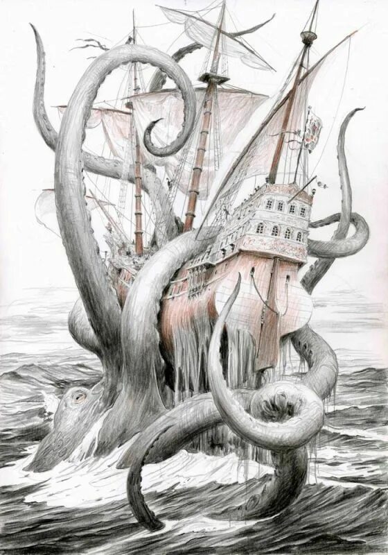 Гигантский осьминог Кракен. Морское чудовище.. Кракен Морское чудовище. Кракен топит корабль. Кракен осьминог нападает на корабль.