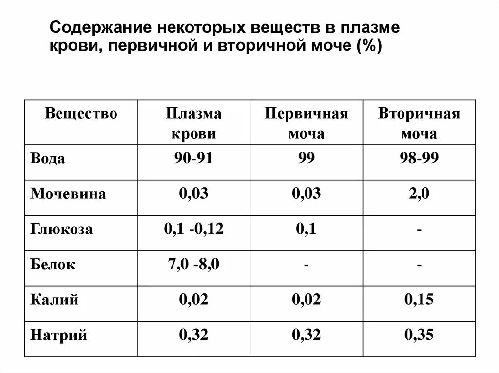 Содержание в крови три. Форменные элементы крови в первичной моче. Таблица плазма первичная вторичная моча. Содержание веществ в первичной и вторичной моче. Содержание веществ в плазме крови и мочи.