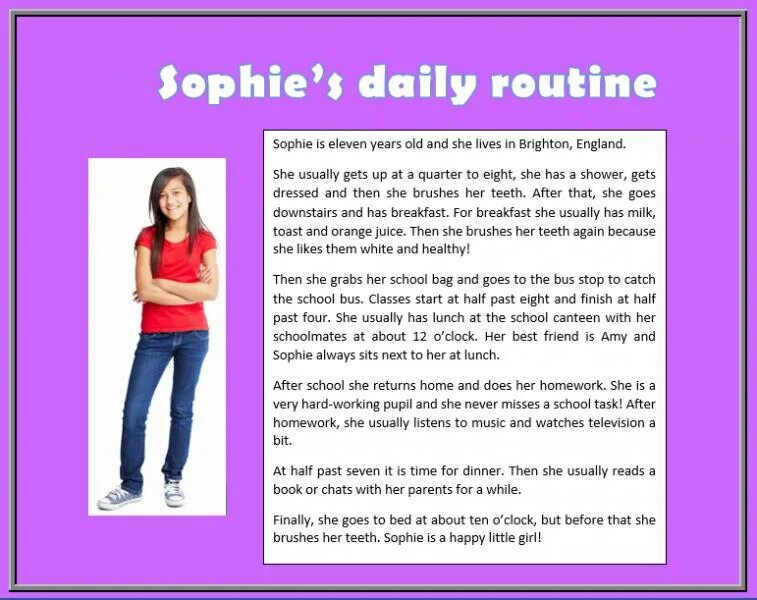 She topic. Sophie's Daily Routine. My Daily Routine топик. Английский язык Sophies Daily Routine. Daily Routine reading Comprehension.