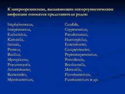 Источнике условно патогенных микроорганизмов возбудителей оппортунистических инфекций