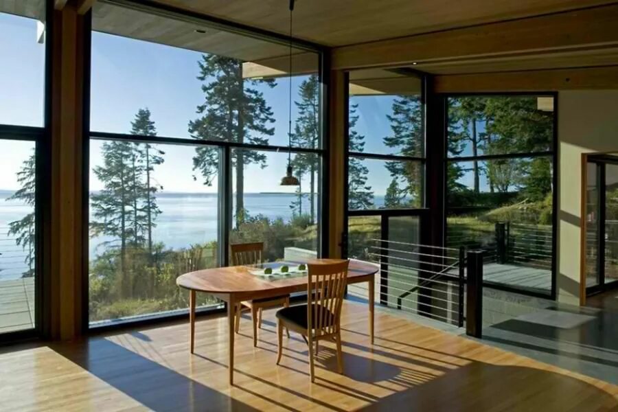 Modern lake house opens towards the Blue Ridge Mountains Modern lake house, Arch