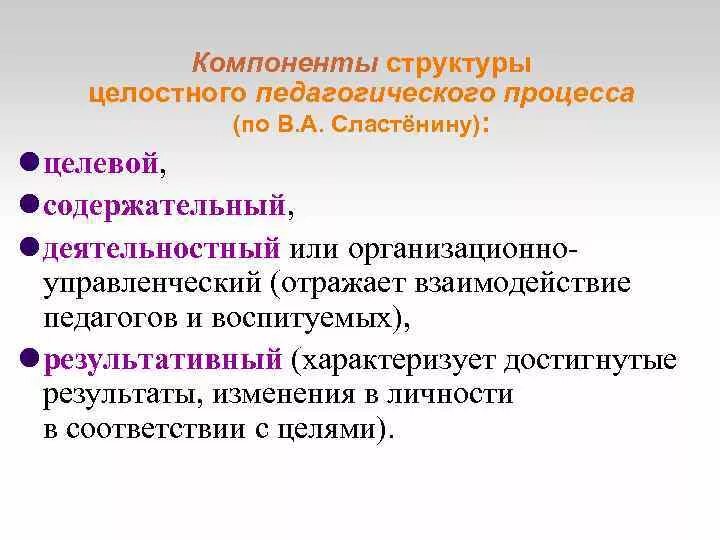 Компоненты педагогической деятельности. Компоненты педагогического процесса. Компоненты целостного пед процесса. Структурные компоненты педагогического процесса. Педагогический процесс по Сластенину.