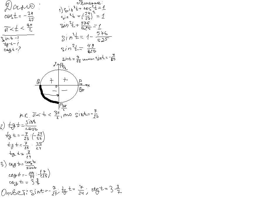 Cos t=3/4 и π<t<3π/2. Sint=-0.6 -п/2<t<0. Sint=0,6. 5п/2 < t < 3п. T 2t 3 3 t 0