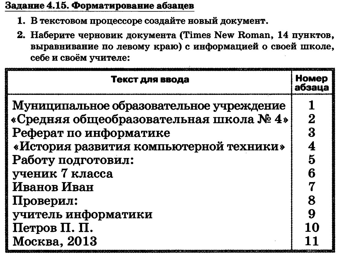 Информатика 7 класс босова 4.15. В текстовом процессе раздайте новый документ. Форматирование абзацев в текстовом процессоре. В текстовом процессоре создайте новый документ. Практическая работа по информатике.