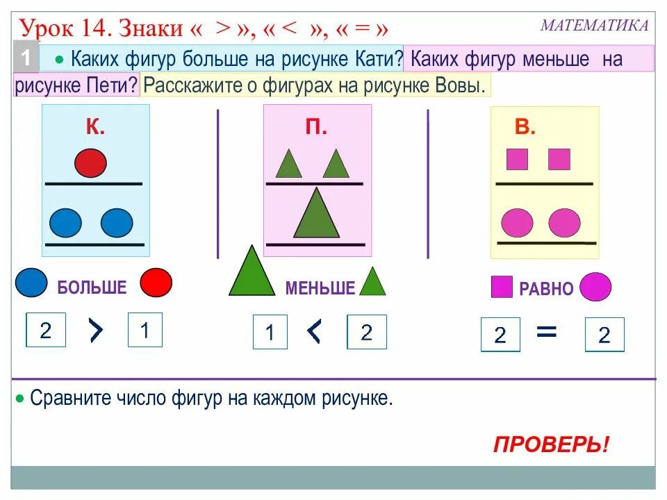 Больше в математике. Каких фигур больше. Сравнение количества фигур. Сравнение 1 класс. Фигуры 1 класс математика.