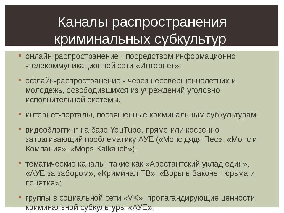 Профилактика субкультур. Концепция криминальной субкультуры. Распространение криминальной субкультуры.