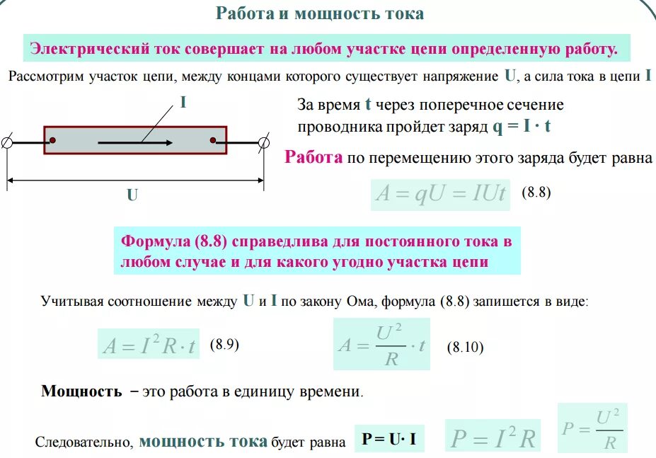 Тест физика 8 класс закон джоуля ленца. Работа и мощность постоянного тока определение формулы. Работа и мощность тока формулы. Работа и мощность в цепи электрического тока. Формула работы тока через мощность.