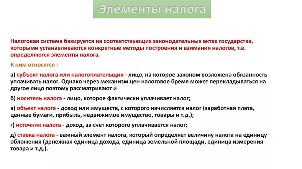 Элементы налогового законодательства