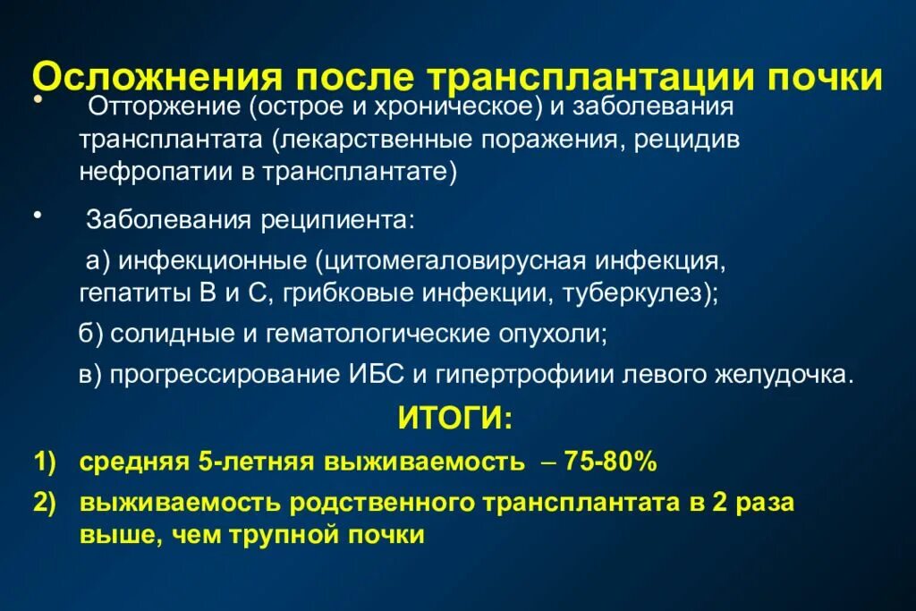 Осложнения трансплантации почки. Отторжение трансплантата почки. Выживаемость трансплантата почки. Острые лекарственные нефропатии. Осложнения на почки после