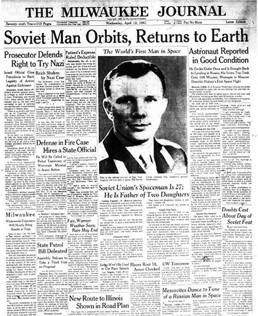 Про юрия гагарина на английском. Газета о полете Гагарина 1961. Человек в космосе Гагарин 1961. Газета 1961 года о полете Гагарина 12 апреля.