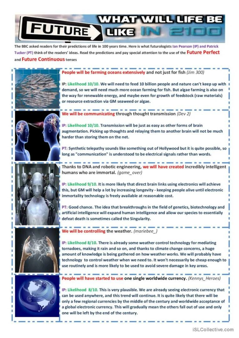 Text for reading future. Future life predictions. life in the future match spheres of life with the predictions. repeat the predictions.. what life will be like in 2100. read and understand electronic signals.