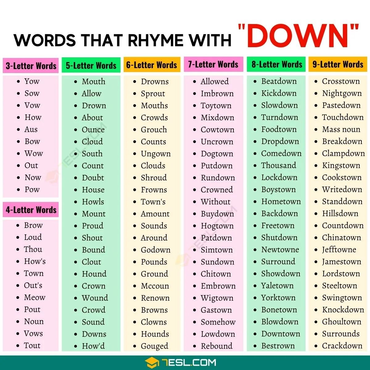 Write words that rhyme. Colors that rhyme with white.