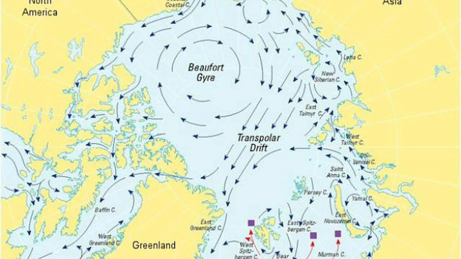 Течения Северного Ледовитого океана на карте. Схема течений Северного Ледовитого океана. Карта морских течений Северного Ледовитого океана. Течения Северного Ледовитого океана. Теплое течение ледовитого океана