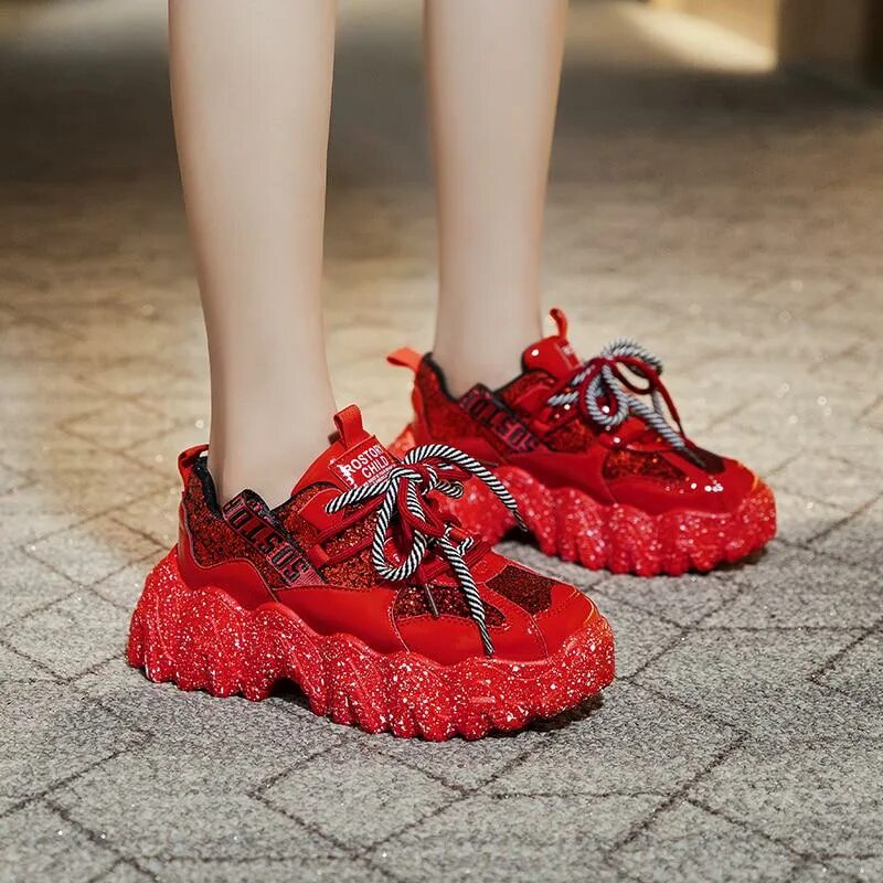 Newest Women Glitter Sneakers Casual Female Lace Up Zipper Platform Shoes Fashio